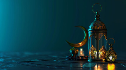 Ornamental Arabic lantern with burning candle glowing at night invitation for Muslim holy month Ramadan Kareem