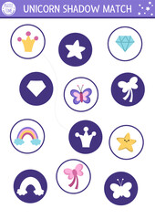 Unicorn shadow matching activity with rainbow, star, butterfly, crystal. Magic world puzzle with cute objects. Find correct silhouette printable worksheet, game. Fairytale page for kids.