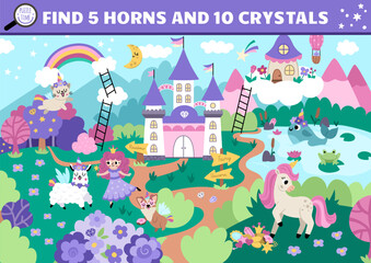Obraz na płótnie Canvas Vector unicorn searching game with magic village landscape. Spot hidden crystals and horns. Simple fantasy or fairytale world seek and find educational printable activity for kids.