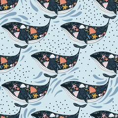 Materiał do szycia Seamless pattern with cute whales with marine treasures on a body. Childish marine blue texture for fabric, textile,apparel. Vector background