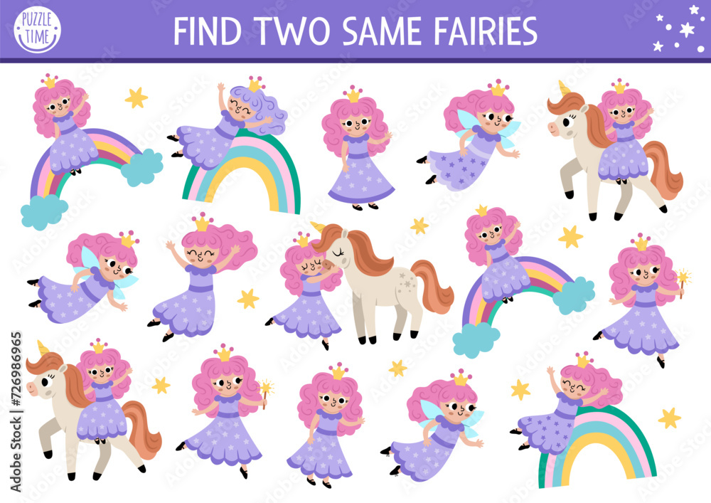 Wall mural find two same fairy girl. magic world matching activity for children. fantasy or fairytale education - Wall murals