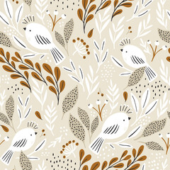 Seamless botanical pattern with white birds and floral surrounding. Delicate bird texture for fabric, textile, wallpaper. Vector illustration - 726986903