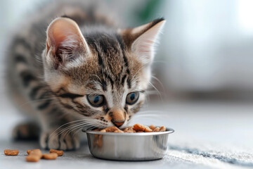 Beautiful tabby cat sitting next to a food bowl, placed on the floor in the room, and eating. Dry food