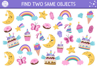 Find two same objects. Magic world matching activity for children for unicorn themed party. Fantasy or fairytale educational quiz worksheet for kids for attention skills. Simple printable game .