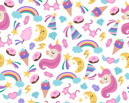 Vector seamless pattern for unicorn birthday party. Repeat background with falling star, crystal, sunglasses, doughnut, rainbow, sweets. Fantasy world or fairytale digital paper.