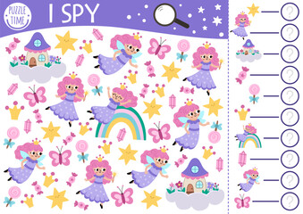 Unicorn I spy game for kids. Searching and counting activity with cute little fairy princess, rainbow, stars. Magic, fantasy world printable worksheet for preschool children. Fairytale spotting puzzle