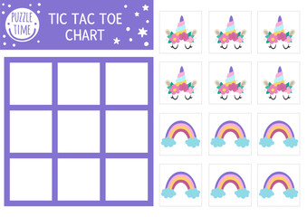 Fototapeta na wymiar Vector unicorn tic tac toe chart with fairy and rainbow. Magic, fantasy world board game playing field with cute characters. Fairytale printable worksheet. Noughts and crosses grid .