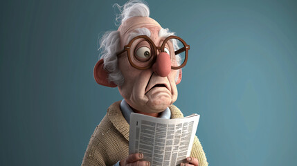 A charming and wise cartoon elderly man wearing a cream cardigan, relaxing with a newspaper in hand. This 3D headshot illustration captures the essence of a retired gentleman enjoying his pe