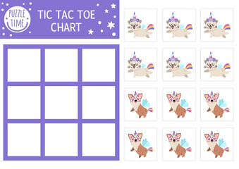 Vector unicorn tic tac toe chart with cute animals with horns. Magic, fantasy world board game playing field with cute cat and corgi dog. Fairytale printable worksheet. Noughts and crosses grid .