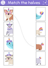 Unicorn connect the halves worksheet.  Fairytale matching game for preschool children with animals with horns and rainbow tails. Match heads and tails activity with cat, corgi dog, llama, narval.