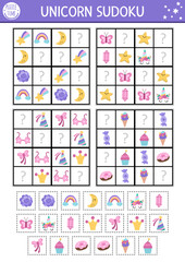 Vector unicorn sudoku puzzle for kids with pictures. Simple fairytale quiz with cut and glue elements. Education activity or coloring page with rainbow, crystal, falling star. Draw missing objects.