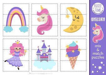 Vector unicorn mix and match puzzle with cute fairy, half-moon, castle, ice-cream. Matching fairytale activity for preschool kids. Magic, fantasy world educational printable game.