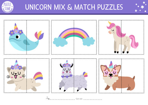 Vector unicorn mix and match puzzle with cute animals. Matching fairytale activity for preschool kids. Magic, fantasy world educational printable game with cat, corgi dog, llama, rainbow, narval.