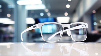 Transparent eyeglasses with a modern, stylish design on a clean white surface.