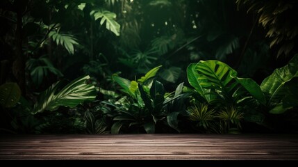 Lush tropical foliage in dark, moody lighting with a prominent wooden tabletop foreground.