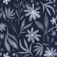 Dark blue watercolor cutout style floral pattern. Seamless blooming texture. Great for for fabric textile, apparel, wallpaper.