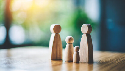 miniature wooden family figures on a doctor's table, symbolizing unity and healthcare support in a clinic or hospital setting