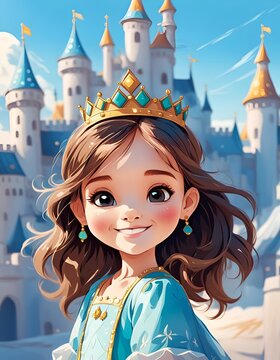 Young Princess Smiling in Front of Her Enchanted Castle on a Sunny Day