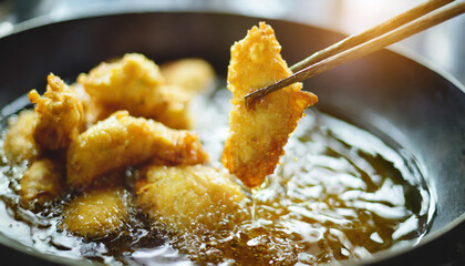 Crispy deep-fried food in bubbling oil, golden perfection symbolizing indulgence and taste sensation, tempting the senses with deliciousness