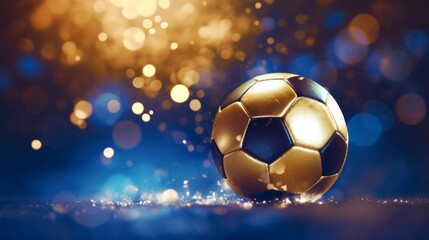 Naklejka premium Golden soccer ball with sparkling effects on a dark background with bokeh lights.
