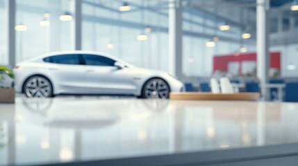 A white modern car in a blurry focus inside a contemporary automotive showroom.