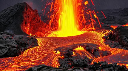 The earth trembles as the volcano spews forth a fountain of molten rock, lighting up the night with its fiery display.