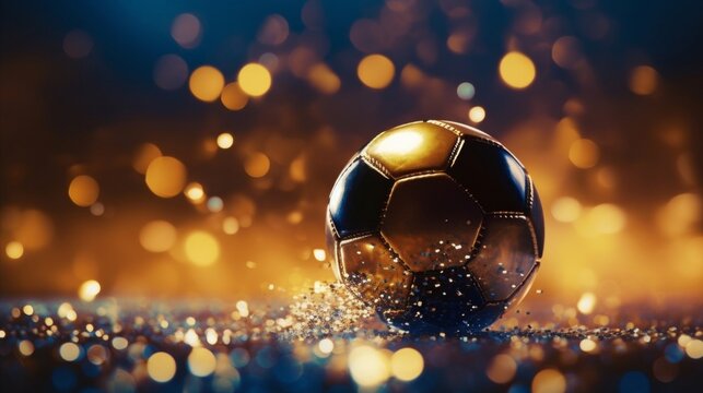 A radiant golden soccer ball with shimmering sparkles on a bokeh light background.