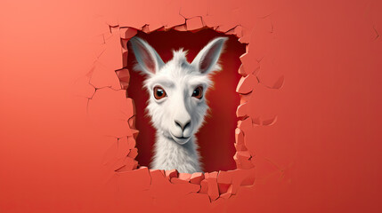 generated  illustration  of cute baby llama  peeking out of a hole in brown wall, torn hole