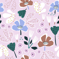 Seamless floral pattern with hand drawn flowers, branches. Blossom bright texture with flowers. Vector illustration - 726988531