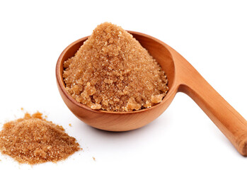 Brown sugar with wooden scoop on white