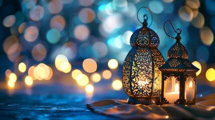 Ornamental Arabic lantern with burning candle glowing at night invitation for Muslim holy month Ramadan Kareem