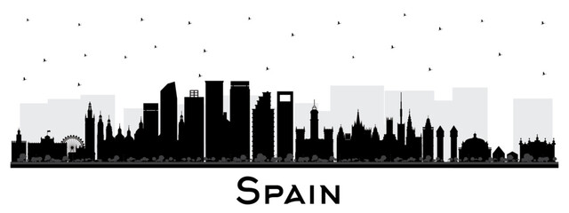 Spain city skyline silhouette with black buildings isolated on white. Modern and Historic Architecture. Spain Cityscape with Landmarks. Madrid. Barcelona. Valencia. Seville.