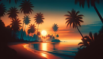 Fototapeta na wymiar Sunny Beach Serenity: A tranquil tropical scene with palm trees silhouetted against a vibrant sunset over the serene ocean