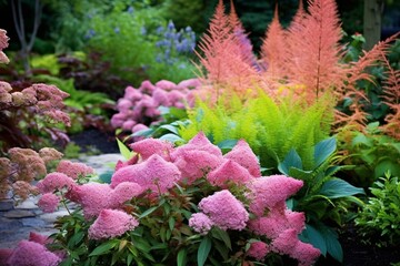 A vibrant mix of spirea japonica, astilbe, and hydrangea in a summer garden with a variety of shrubs and flowers. Generative AI