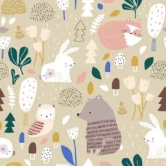 Foto op Plexiglas Vos Seamless forest pattern with bear, bunny, owl, fox and forest elements . Creative modern woodland texture for fabric, wrapping, textile, wallpaper, apparel. Vector illustration