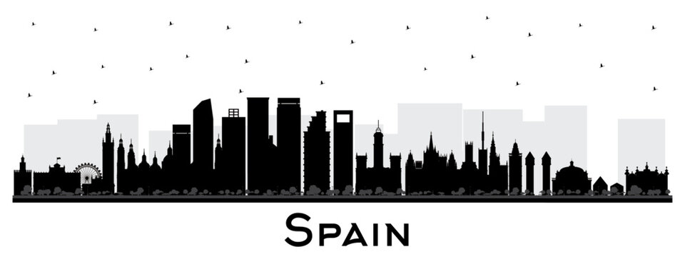 Spain city skyline silhouette with black buildings isolated on white. Modern and Historic Architecture. Spain Cityscape with Landmarks. Madrid. Barcelona. Valencia. Seville. © BooblGum