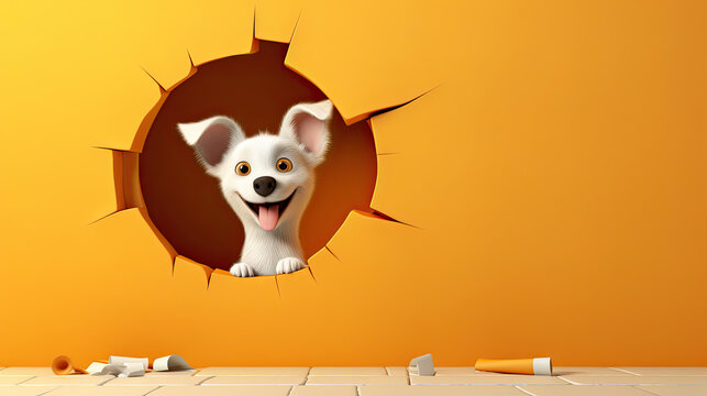 generated  illustration  of cute baby puppy peeking out of a hole in wall, torn hole, empty copy space.