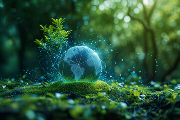 Green hologram globe on blurred natural forest background, ecosystem world, earth day, conservation  and healthy environment concept - obrazy, fototapety, plakaty