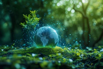 Foto op Plexiglas Green hologram globe on blurred natural forest background, ecosystem world, earth day, conservation  and healthy environment concept © OHMAl2T