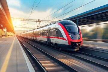 High speed train in motion on the railway station. Fast moving modern passenger train on railway platform. Railroad with motion blur effect. Commercial transportation. Blurred background