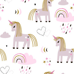 Seamless childish pattern with cute unicorns and clouds, rainbows . Creative pink kids texture for fabric, wrapping, textile, wallpaper, apparel. Vector illustration
