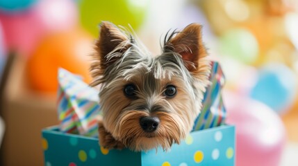 A cute little Yorkshire Terrier puppy peeps out of the box, creating a festive atmosphere as a gift on a holiday, birthday, Christmas, or New Year's day.
