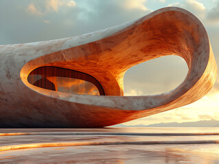 A large, abstract sculpture or building with a circular entrance way sits on a barren landscape. The sky is blue with clouds.