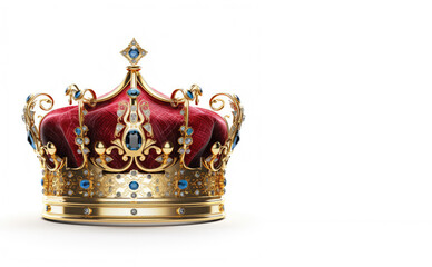 Golden crown isolated on white background. Copy space for text, advertising, message, logo. Concept of  royalty, kingdom, royal, king, queen,statue, luxury, culture