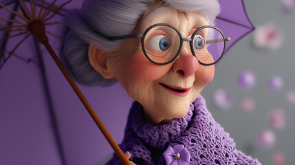 Cheerful cartoon grandmother, elegantly dressed in a lavender coat, smiles with her parasol by her...
