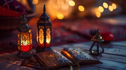 Ornamental Arabic lantern with burning candle glowing at night invitation for Muslim holy month Ramadan Kareem