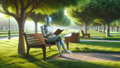 humanoid robot read a book in a park
