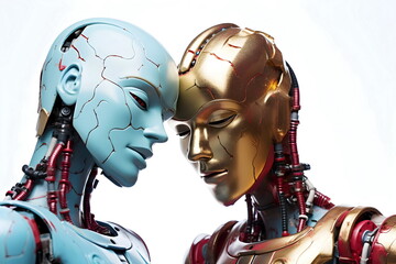 humanoid robot couple hug isolated on white background