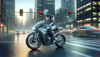 humanoid robot ride motorcycle on city street
