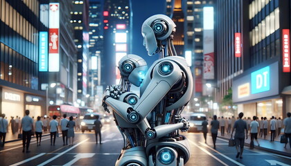 humanoid robot couple hug on city street